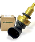 TorqueVance coolant temperature sensor with brass body and black plastic connector; front view beside its box.