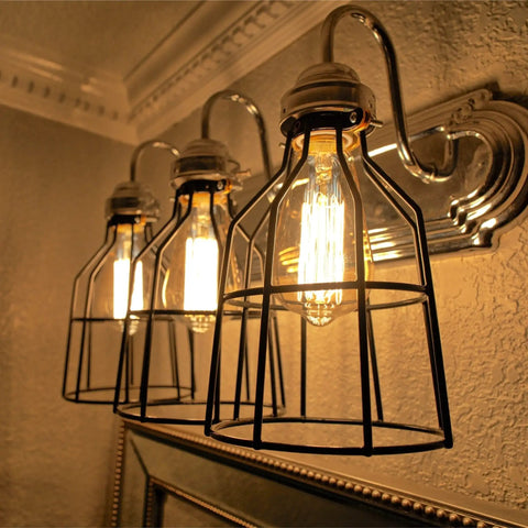 Industrial Black Pendant Light Cage Guard For Pendant Lamps Ceiling Fans Vintage Open Style Bulb Covers installed on a wall fixture