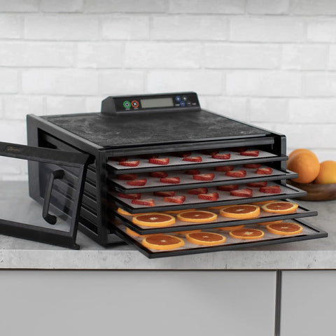 No Sweat Premium Electric Food Dehydrator With Clear Viewing Door And Five Stackable Trays featuring beef jerky and fruit drying.