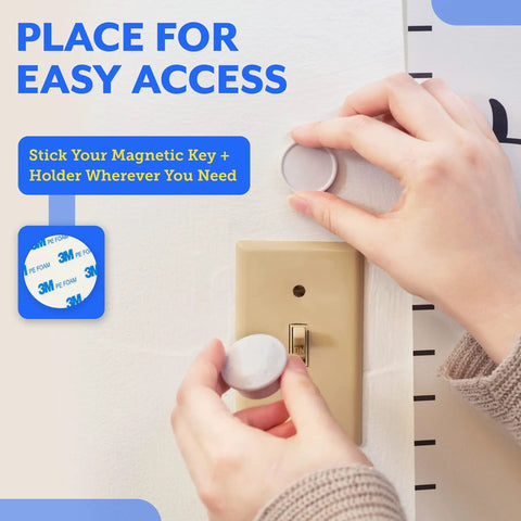 Magnetic Cabinet Locks For Babies Easy No Tool Install Baby Proofing Locks For Cabinets Drawers Doors And Kitchen Strong Adhesive 8 Pack With 2 Keys For Kid Safe Home And Peace Of Mind shown in use with magnetic key holder near light switch.