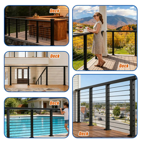 Premium 8ft Black Cable Railing Handrail Kit With Four Pieces Of Heavy Duty 304 Stainless Steel Deck Top Guardrails used on modern decks.