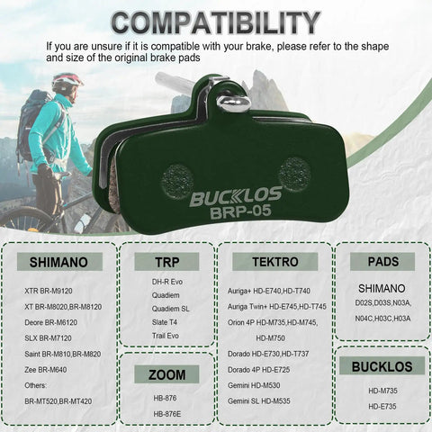 All Weather Bike Disc Brake Pads Visibility of Bucklos BRP-05, compatible list for Shimano, TRP, Tektro, mountain and ebike use.