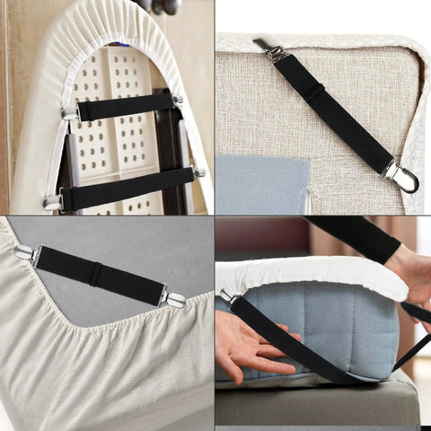 8 Pack Bed Sheet Straps with adjustable elastic fitted sheet holders for corners, chrome clips on bed and sofa cushion