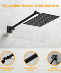 Ultimate 8 Inch Rain Shower System With Wall Mounted Square Rain Head High Pressure Bathroom Fixture Adjustable Brass Extension Arm Black Finish Trim Kit Included Easy Install For A Spa Like Boss Level Shower Experience, showing black square showerhead and extension arm against tile.