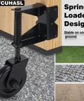 Rugged Spring Loaded Gate Caster Wheel Built Like A Tank Wood Fence Roller With 360 Swivel 4.5 Inch on uneven ground.