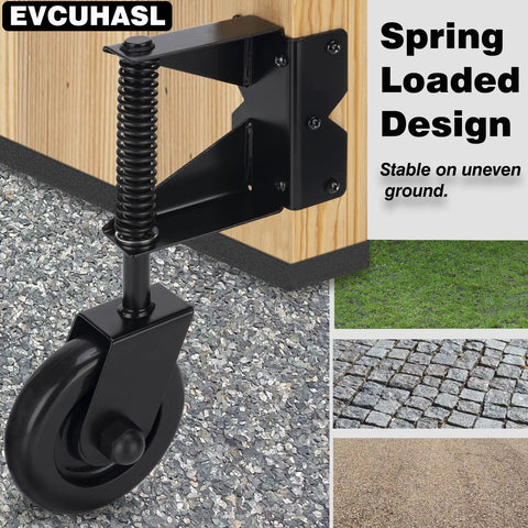 Rugged Spring Loaded Gate Caster Wheel Built Like A Tank Wood Fence Roller With 360 Swivel 4.5 Inch on uneven ground.