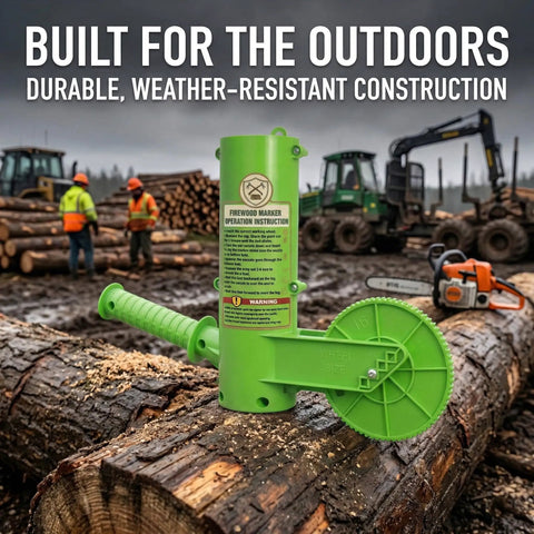 Heavy Duty 16 Inch Firewood Marking Tool Featuring Automatic Paint Roller on logs in outdoor logging environment.
