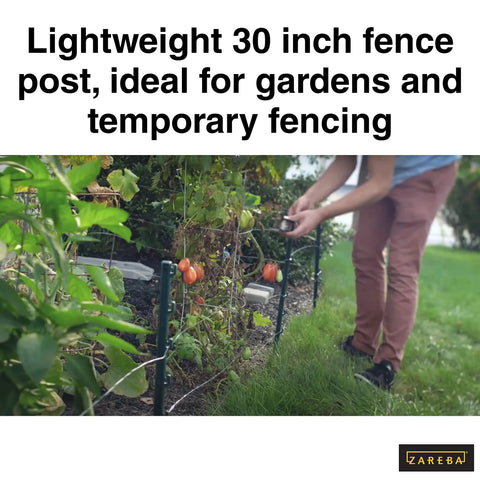 Person installing 30 Inch Garden Fence Post 25 Pack For Gardens And Temporary Fencing Lightweight Green Posts in garden