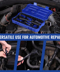 39 Piece Drive Socket Wrench Set with toolbox on car engine during repair, includes ratchet and extension bar for DIYers and pros