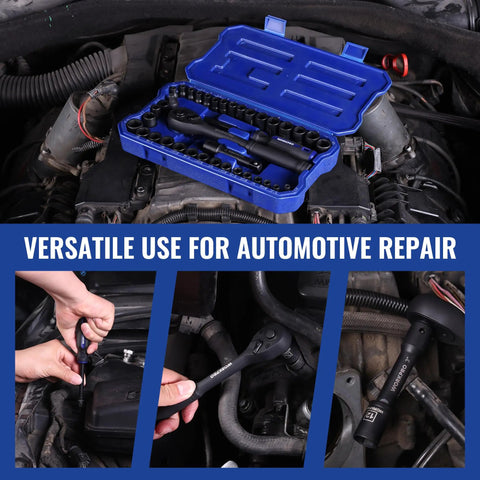 39 Piece Drive Socket Wrench Set with toolbox on car engine during repair, includes ratchet and extension bar for DIYers and pros