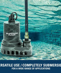Heavy-Duty 1/2 HP Submersible Utility Pump Delivers Up To 3300 GPH, Thermoplastic Build, submerged in pool for water transfer