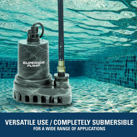 Heavy-Duty 1/2 HP Submersible Utility Pump Delivers Up To 3300 GPH, Thermoplastic Build, submerged in pool for water transfer