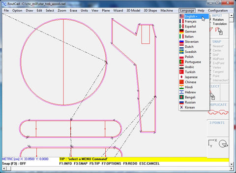 DIY Friendly All In One CAD CAM Mill Software interface showing design and language options for CNC machines.