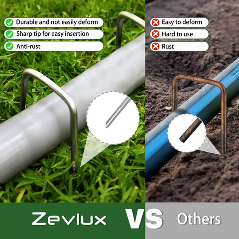 Comparison of Zevlux and other 4-inch galvanized landscape staples securing irrigation hoses in garden and yard.