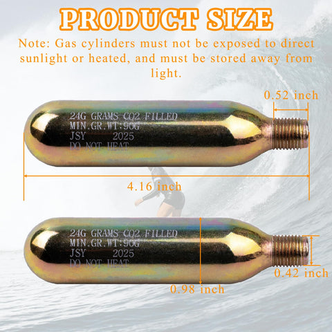 Grab And Go 24 Gram CO2 Rearming Cylinder Kit For Auto And Manual Inflatable Life Jackets And Vests With Half Inch Thread Cartridges PFD Rearming Essentials 4 Pack Designed For Quick Safe Inflation, showing product size and dimensions.