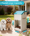 No Sweat Automatic Dog Feeder For Large Breeds With Galvanized Dry Food Dispenser and Clear Gravity Door Blocks Critters While Your Favorite Pup Enjoys Straight Up Chow Days Daily next to two dogs in a yard.
