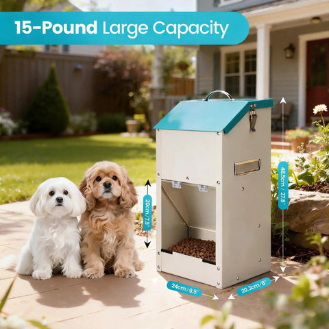 No Sweat Automatic Dog Feeder For Large Breeds With Galvanized Dry Food Dispenser and Clear Gravity Door Blocks Critters While Your Favorite Pup Enjoys Straight Up Chow Days Daily next to two dogs in a yard.