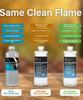 Three bottles of pure, citronella, and eucalyptus tiki torch fuel on wooden surface, labeled with benefits and uses, Same Clean Flame.