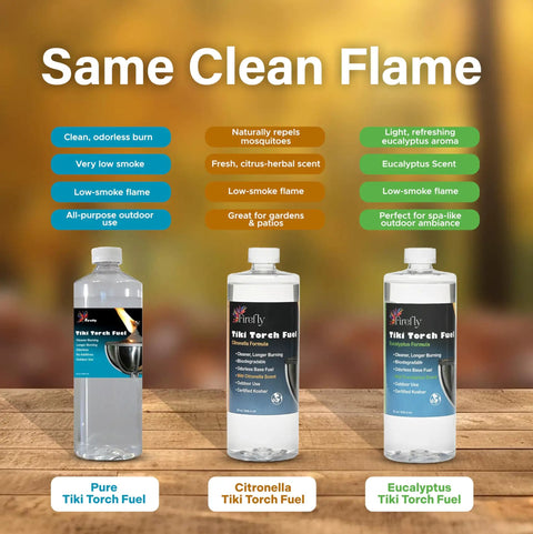 Three bottles of pure, citronella, and eucalyptus tiki torch fuel on wooden surface, labeled with benefits and uses, Same Clean Flame.