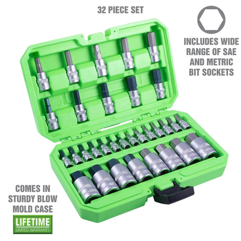 32 Piece Hex Bit Socket Set With SAE And Metric Sizes For Quarter Inch, Three Eighth Inch, And Half Inch Drive in green case