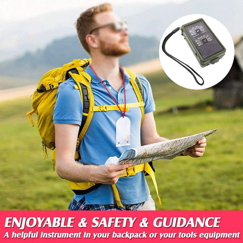 Hiker with map and yellow backpack; inset of Survival Compass Kit For Camping And Hiking With Thermometer Hygrometer Led Light Whistle.
