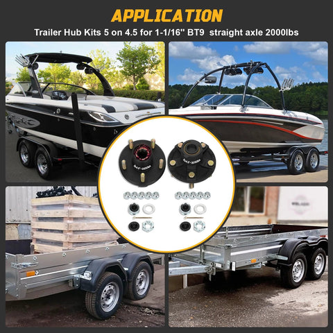 Two trailer hub kits for 5-lug 4.5 inch axles, 2000 lb, pre-installed and lubricated, with bearings, seals and hardware.