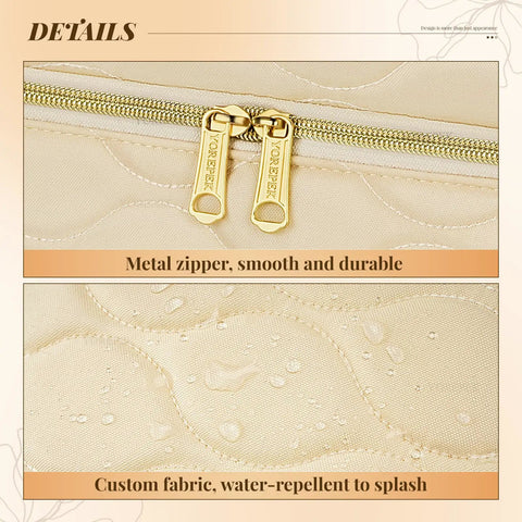 Beige Two Layer Nail Polish Organizer Case with metal zippers and water-repellent fabric detail view