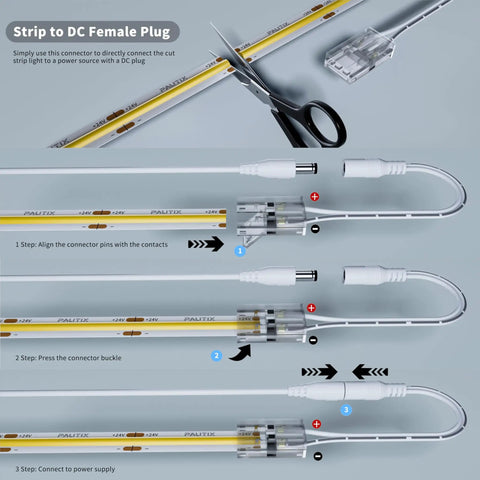 Step-by-step guide for using the 8mm COB LED Strip Connector Kit with transparent gapless connectors and DC female plug.
