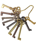 Ten Skeleton Keys on a Ring Set for Antique Furniture Restoration including various reproduction barrel and bit keys in gold tone.
