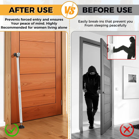 2 In 1 Sliding Door Security Bar, Adjustable From 16.5 To 48 Inches, White, shown installed on wooden door, preventing forced entry.
