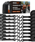 Black Ratchet Tie Down Straps Heavy Duty Towing Gear Lock Your Cargo Tight No Slip Grip For Pickup Trucks And Trailers One Inch By Fifteen Foot 1800 Lbs Breaking Strength 8 Pack arranged with hooks and carrying bag.