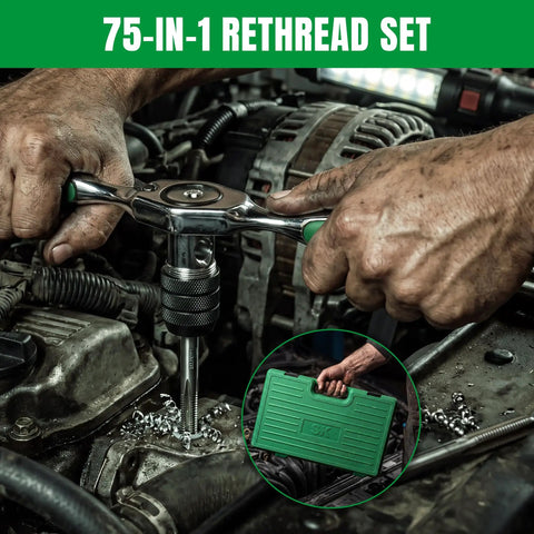 Top Notch 75 Piece Ratcheting Tap And Die Set Featuring SAE Metric Threads With Heavy Duty HSS Bits And Smooth 72 Tooth T Handle For Tight Quarters Rethreading Jobs That Rock, hands using ratchet tap and die in engine bay