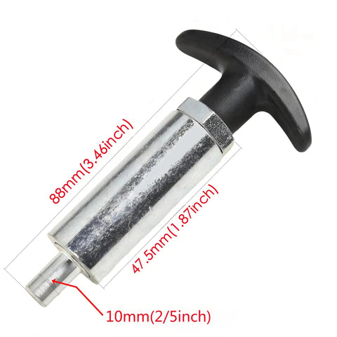 Badass Heavy Duty Steel Spring Loaded Pull Pin With Round Nut Handle Industrial Pop Pin Shank For Tire Carriers, shown with dimensions.