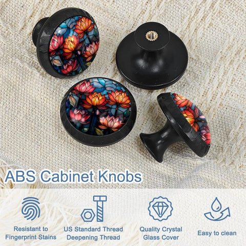 Hella Smooth Retro Lotus Cabinet Knobs Featuring Sweet Stained Glass Accents And Super Rust Resistant Metal Hardware For Bedroom Dressers Kitchen Cupboards 4 Pack with floral design and black base.