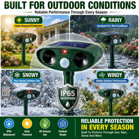 2 Pack Ultrasonic Animal Deterrent Devices For Outdoor Gardens Solar Powered Motion Sensor Safe Humane Sonic Fortress Pro Garden Shield For Squirrels Raccoons Rabbits Foxes Skunks Cats And More IP65 Waterproof in sun and rain