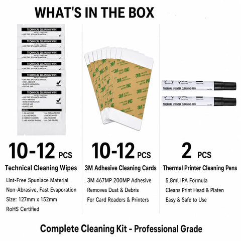 Top Tier Printer Cleaning Kit To Keep Your Fargo Compatible ID Card Printer Back In Action With Pro IPA Cleaning Pens Adhesive Cards And Heavy Duty Roller Wipes For No Sweat Routine Maintenance contents including cleaning wipes, adhesive cards, and cleaning pens.