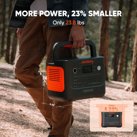 Person carrying Beast Solar Generator 1000 V2 1070Wh Portable Power Station with handle in forest setting.