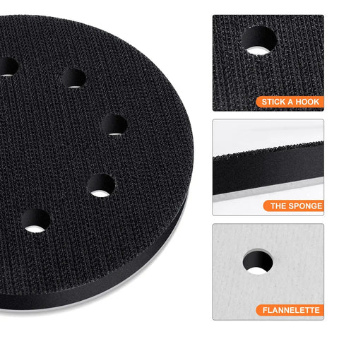 5 Inch 8 Hole Interface Pad For 5 Inch Orbital Sander With Hook And Loop Backing Soft Foam Cushion Buffing Pads Dust Busting Sanding Pad Pro Grade Pack Of 2 with close-up details of hook and loop surface and foam layer