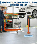 Heavy Duty Two Ton Folding Engine Hoist Plus Three Quarter Ton Underhoist Stand Combo Hydraulic Shop Crane in garage with engine.
