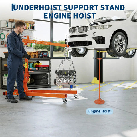 Heavy Duty Two Ton Folding Engine Hoist Plus Three Quarter Ton Underhoist Stand Combo Hydraulic Shop Crane in garage with engine.