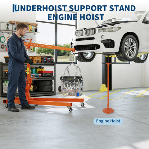 Heavy Duty 2 Ton Folding Hydraulic Engine Hoist With Slick Shop Crane Lift supporting engine under lifted vehicle in garage