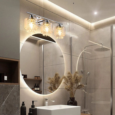 Lit Three Light Crystal Vanity Light Fixture For Bathroom Hallway And Bedroom With Clear Glass Shades above mirror