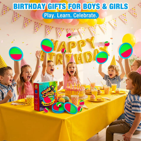Children at a birthday party playing with Toss And Catch Ball Set For Kids Outdoor Yard Games Beach Toy With 4 Paddles And 4 Balls.
