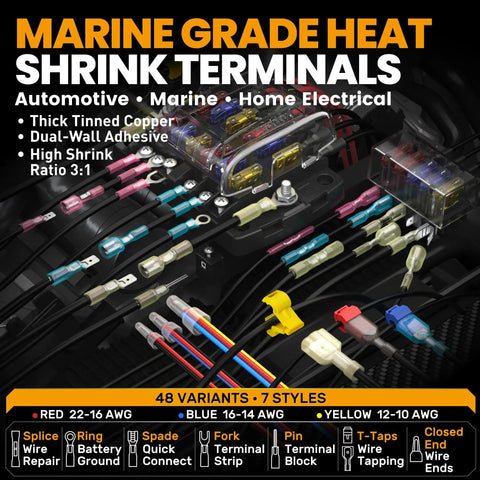 Pro Grade Marine Heat Shrink Wire Connector Kit With Crimp Tool And Pliers, 48 Sizes 22-10 AWG, showing connectors and tools.