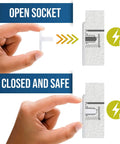Hand installing 32 Pack Outlet Covers For Baby Proofing Easy Install Socket Protectors White To Prevent Electrocution And Keep Toddlers Safe In Home And Office Perfect For Nursery And Kid Friendly Rooms With No Tool Quick Setup on socket