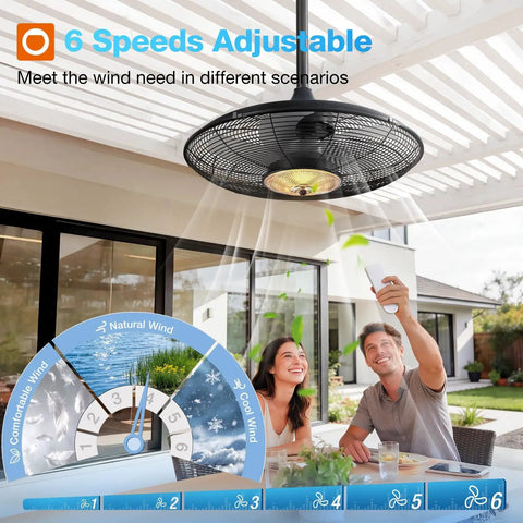 Outdoor Ceiling Fan With Light For Patios And Pergolas, 20-Inch IP65 Waterproof Gazebo Fan, 6 Speeds Adjustable, shown on a patio