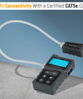 Network cable tester showing 100% connectivity on a certified Cat5e cable, with connected device and screen display.