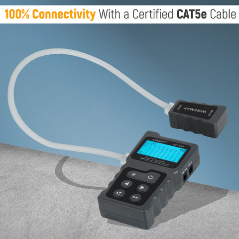Network cable tester showing 100% connectivity on a certified Cat5e cable, with connected device and screen display.