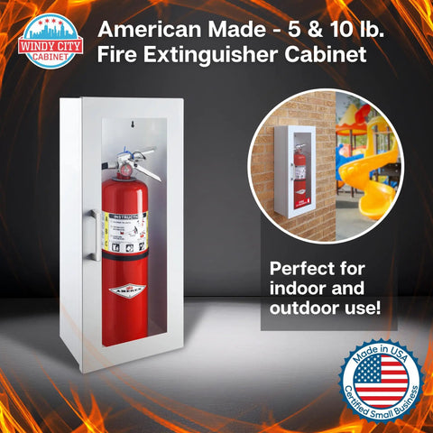 Fire Extinguisher Cabinet Mount For Wall Or Surface In White With 22 Gauge Steel Construction And Full Metal Piano Hinge Metal Handle Indoor Outdoor Use Dimensions 24.5 Inches High 9.25 Inches Wide 6.5 Inches Deep USA Made