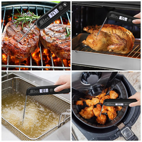 Ultra Fast Digital Meat Thermometer With Backlight And Foldable Probe For BBQ Grilling Frying Oven Cooking Candy Making Instant Read In 2 To 3 Seconds Waterproof And Accurate To 1 C Range From -58 F To 572 F used in cooking meats, frying, and grilling.
